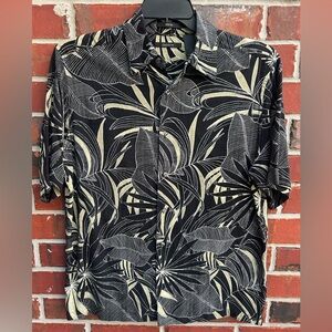 Claiborne 100% Silk Short Sleeve Button Down Tan Black Aloha Hawaiian M Shirt Z7